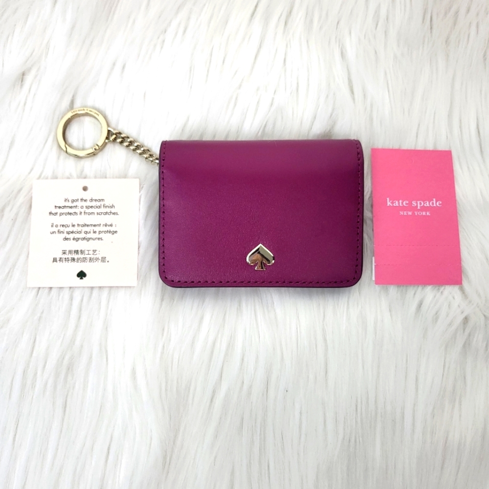 NWT KATE SPADE NEW YORK Women’s Slim Bifold Card Holder Keyring Rhubarb Pink